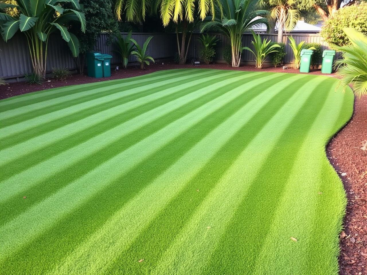 Neatly mowed and edged lawn in a Brisbane backyard after maintenance