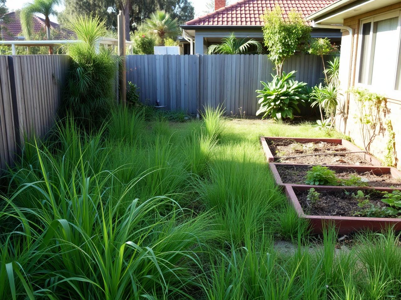 Overgrown Brisbane backyard before lawn and garden maintenance